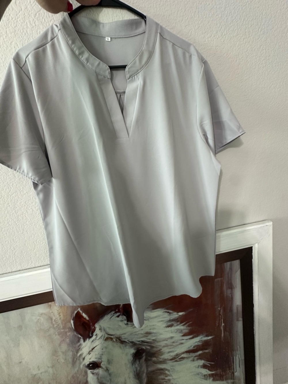 Women’s Short Sleeve Collarless Shirt - Light Gray